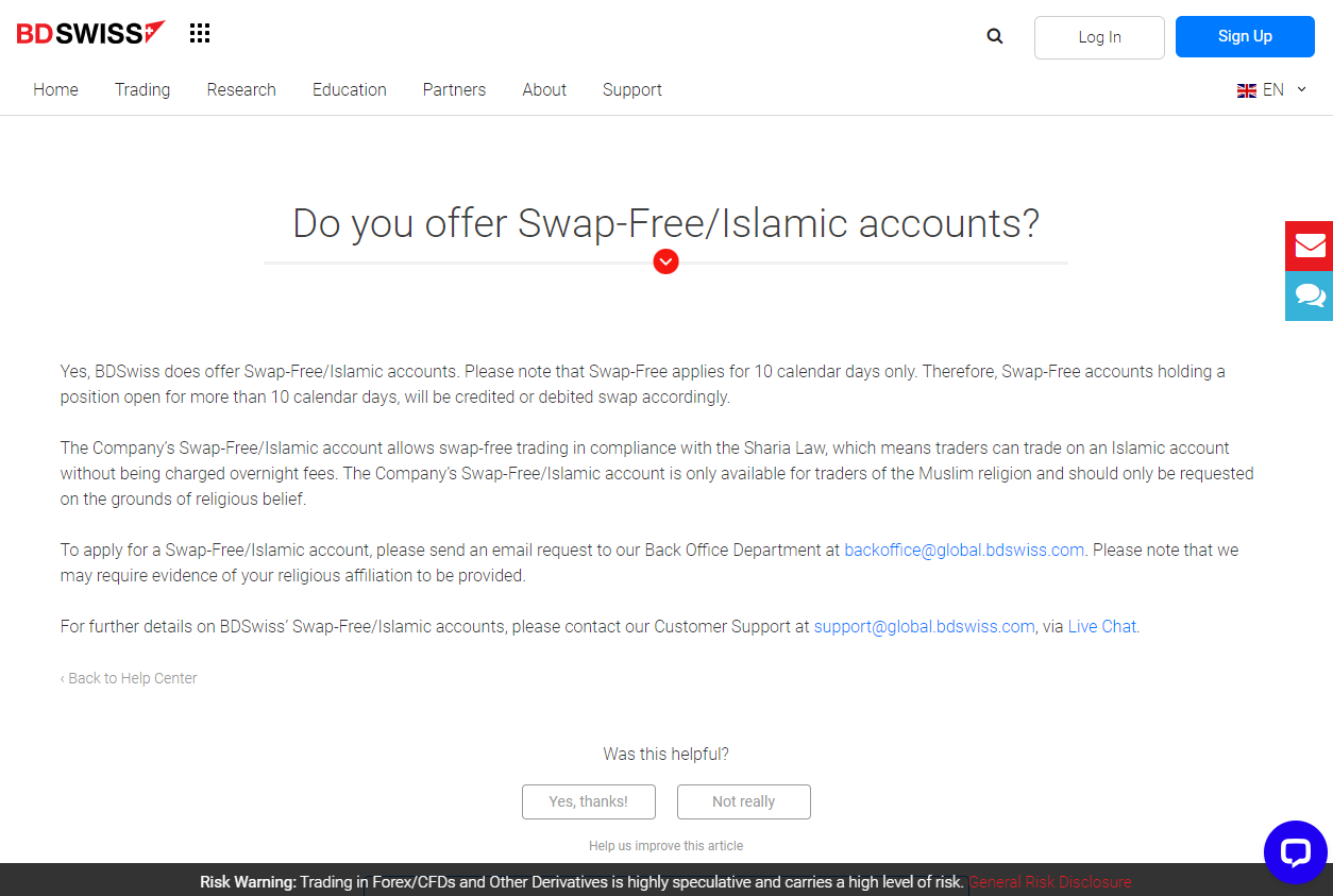 BDSwiss Islamic Account