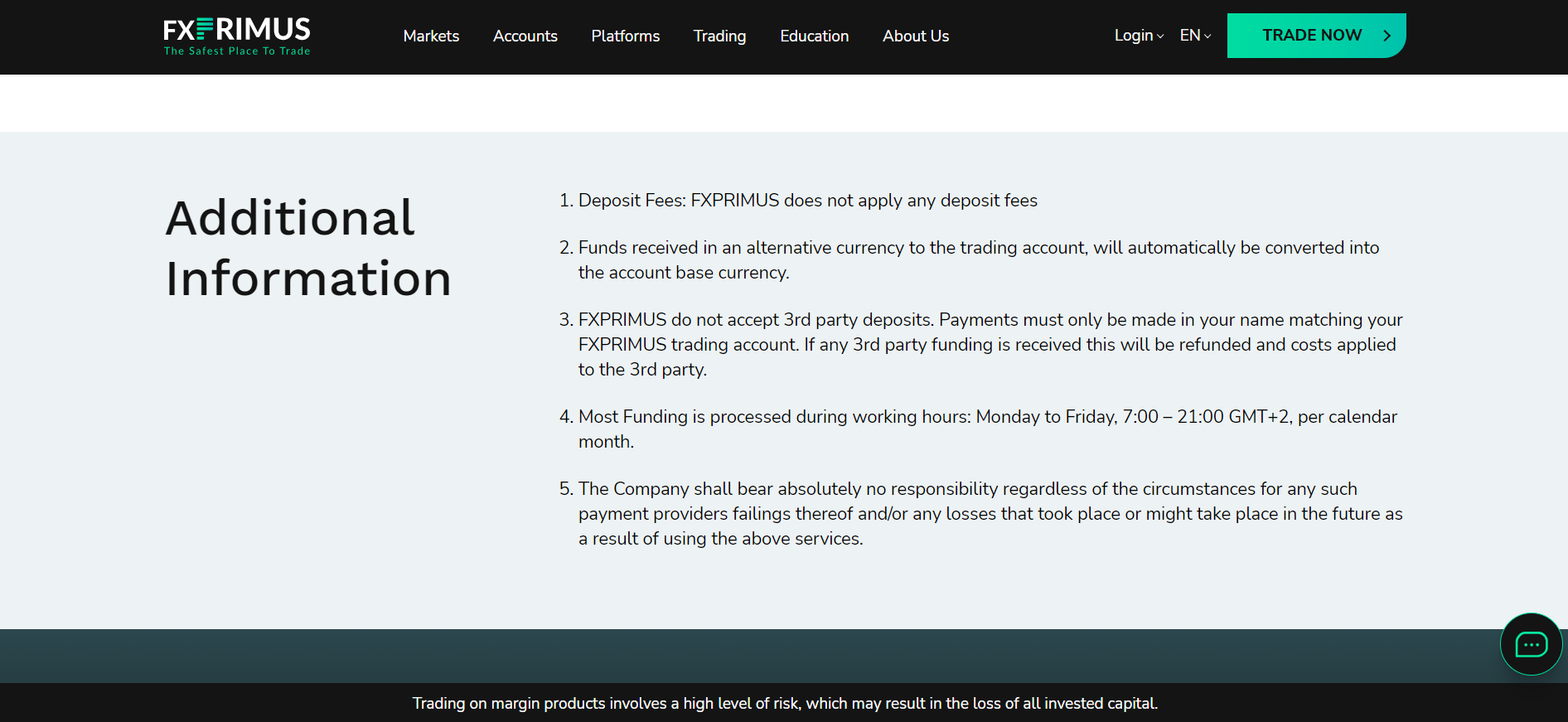 FXPRIMUS Deposit & Withdrawal Options