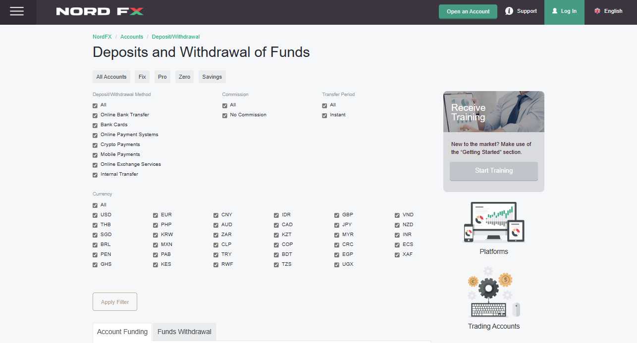 NordFX Deposit and Withdrawal Options